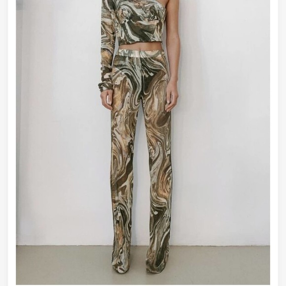 Zara Pants - NWT ZARA SHEER MESH PANTS ART TO WEAR DISCO FESTIVAL NEUTRAL SWIRL HIGH WAIST S